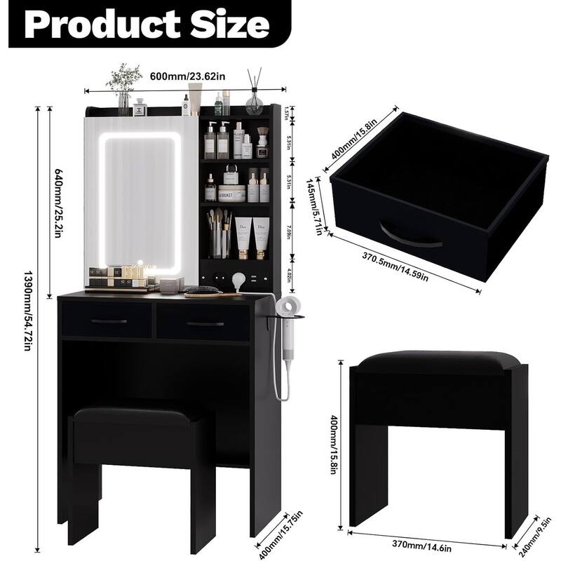 2 Drawer Makeup Vanity Desk Set with Power Outlet, USB Ports, Stool