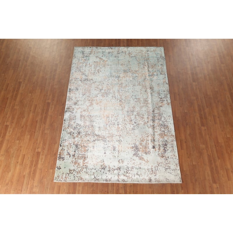 Green Abstract Area Rug Handmade Oriental Wool Carpet - 6'7" x 9'10"
