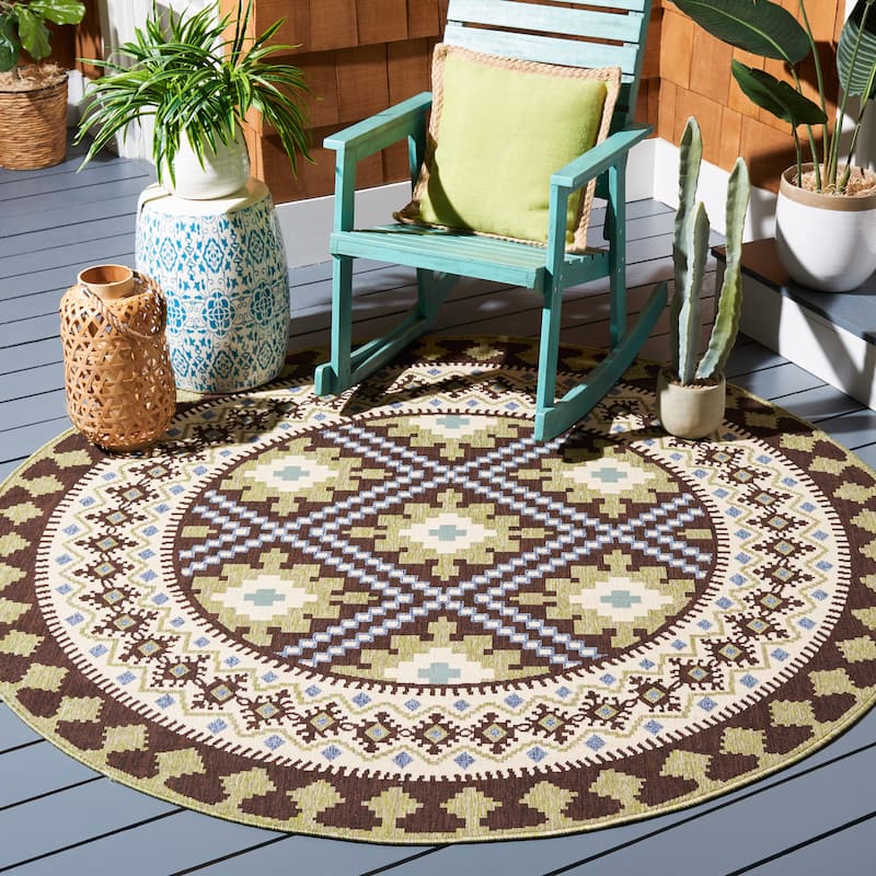 SAFAVIEH Veranda Eyvor Indoor/ Outdoor Waterproof Patio Backyard Rug - 6'7" Round - Chocolate/Green