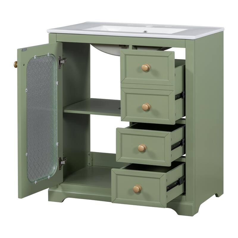 30-inch Bathroom Vanity with a Soft Close Glass Door, Adjustable Shelves, and Three Drawers