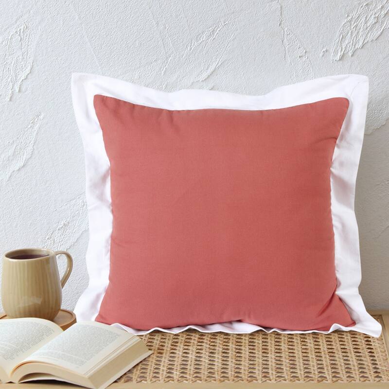 Handwoven Flanged Border Square Throw Pillow Cover - 20" - Coral Pink and White