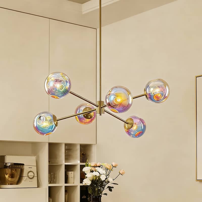 6-Light Modern Brass Iridescent Rainbow Glass Sputnik Chandelier for Dining Roomm - 6 Light