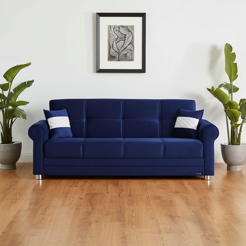 HomeRoots 89" Blue Microfiber Convertible Futon Sleeper Sofa And Toss Pillows With Storage - Blue