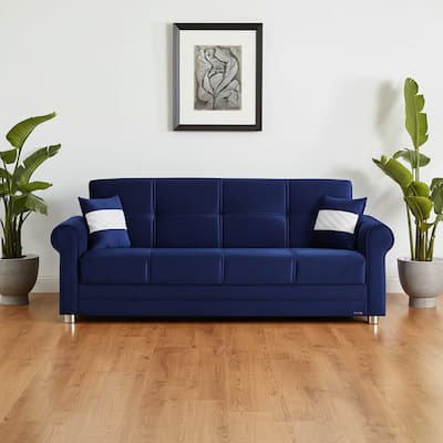 HomeRoots 89" Blue Microfiber Convertible Futon Sleeper Sofa And Toss Pillows With Storage