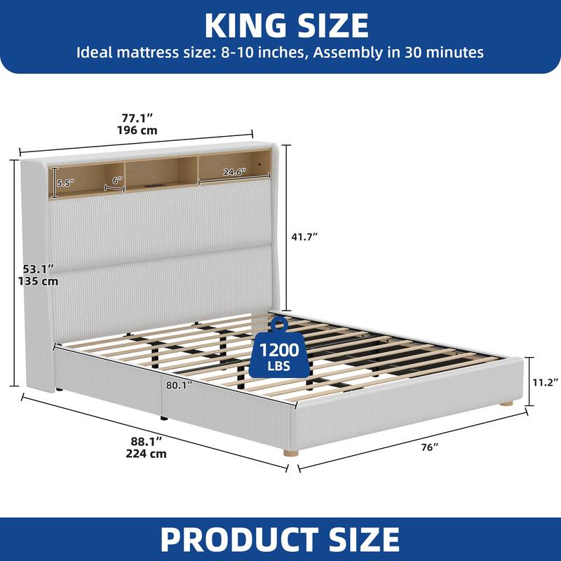 Moasis Corduroy Upholstered Platform Bed Frame with Charging Station and RGB LED Lights