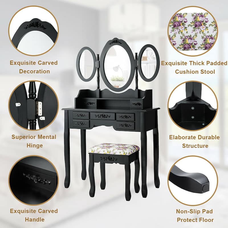 Makeup Vanity Table Set with Stool Drawers and Foldable Mirror