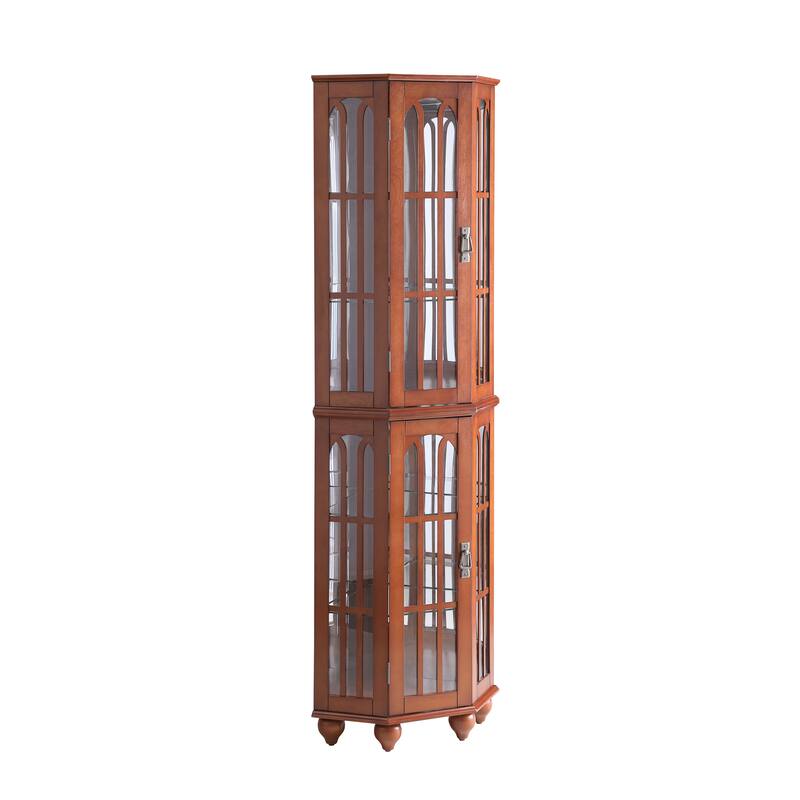 Lighted Corner Curio Cabinet, Wooden Accent Storage Cabinet, Display Cabinet with Tempered Glass Shelves & Mirrored Back