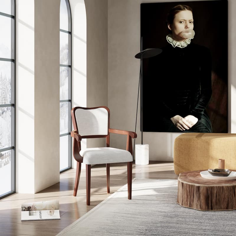 Modern Fabric Dining Armchair with Walnut Finish, Upholstered Arms and Hardwood Frame, for Dining Room or Kitchen, Set of 2