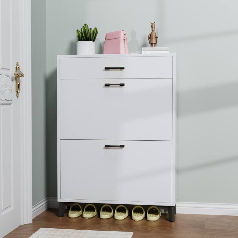 Free-Standing Shoe Organizer Cabinet with 2 Flip-Top Drawers and Metal Legs, Ample Storage for Hallway, Entryway and Porch