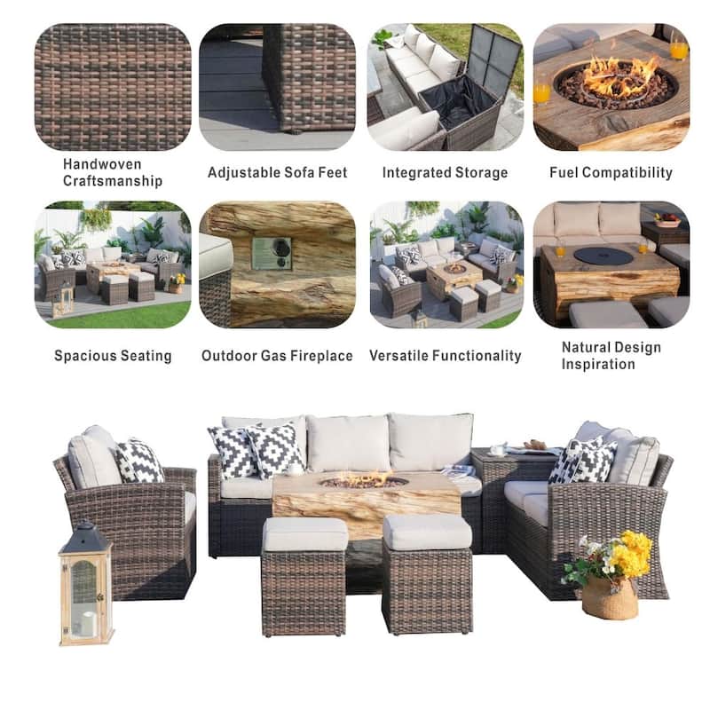 7-piece Patio Wicker Garden Chat Sofa Set with Fire Pit Table and Storage Box