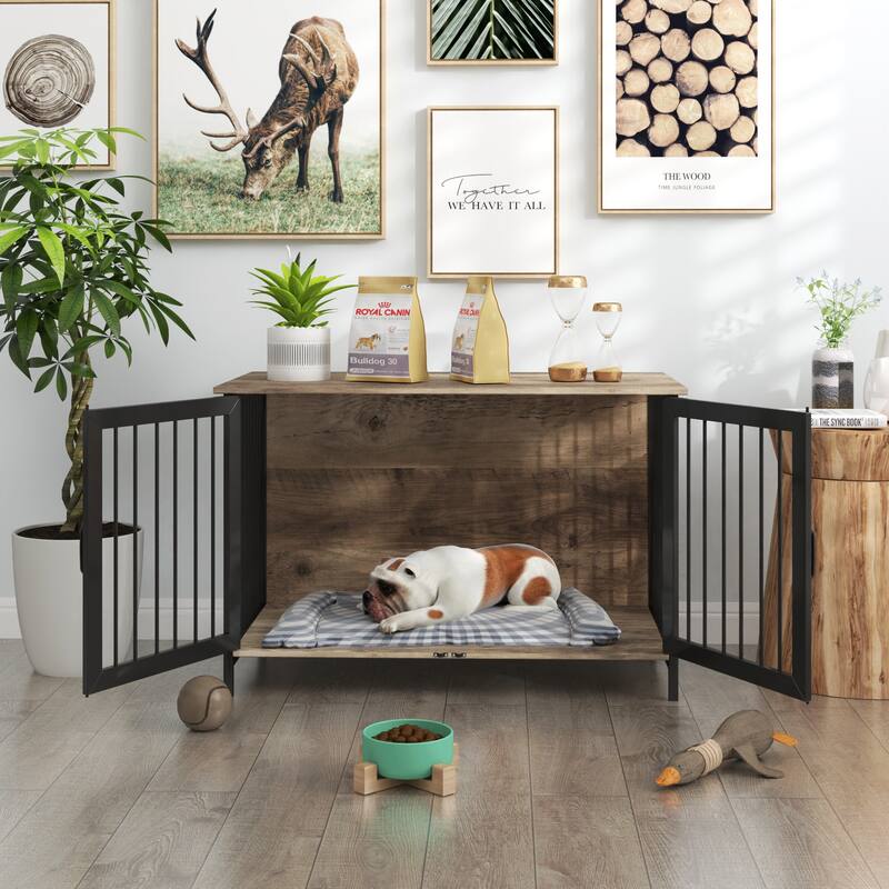 Wooden Dog Crate Furniture Large/Medium Dog,Dog Kennel Furniture Large Breed,Indoor Dog Cage Furniture Style with 2 Doors