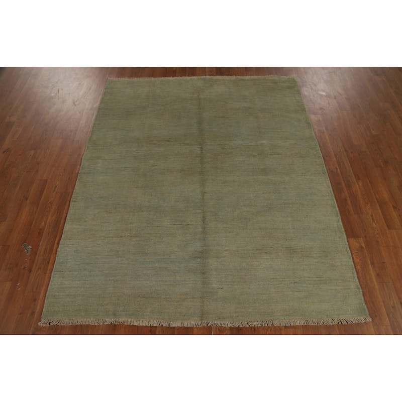 Green Solid Gabbeh Modern Area Rug Hand-Knotted Wool Carpet - 5'2" x 6'2"