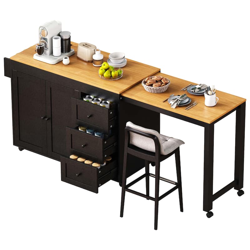 Extendable Dining Table, Rolling Kitchen Island with Power Outlet, Kitchen Storage Cabinet with Adjustable Shelve