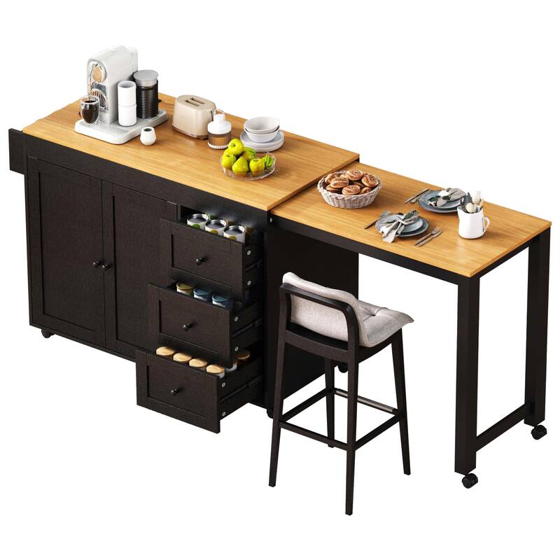 Modern Kitchen Island with Extendable Dining Table, 3 Drawers, 2-Door Cabinet, Power Sockets and Spice Rack, for Kitchen