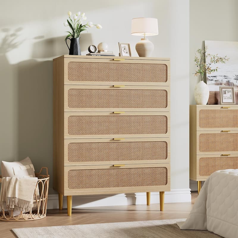 5/6 Drawer Rattan Dresser for Bedroom, Large Freestanding Wooden Chest Storage - 5-drawer - Natural