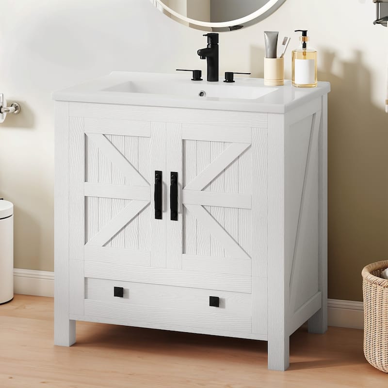 Moasis 30" Farmhouse Bathroom Vanity With Sink,Small Space Bathroom Storage Cabinet with Barn Doors - White