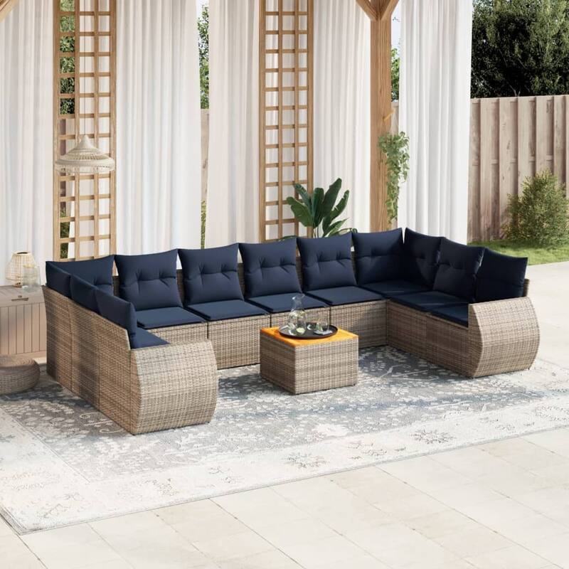 vidaXL 11 Piece Patio Sofa Set with Cushions Gray Poly Rattan - 135.4x33.5x74
