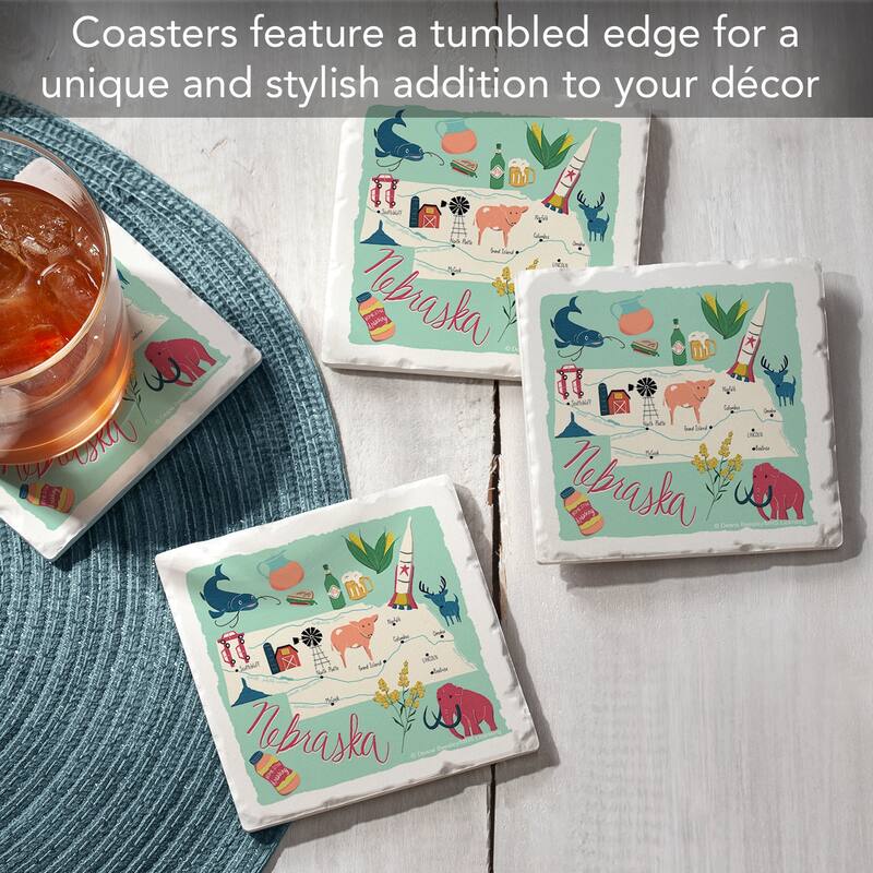 Nebraska Home 4-Pack Absorbent Stone Coasters with Protective Cork Backing 4" Square Made in The USA Artistic Easily Wipes Clean