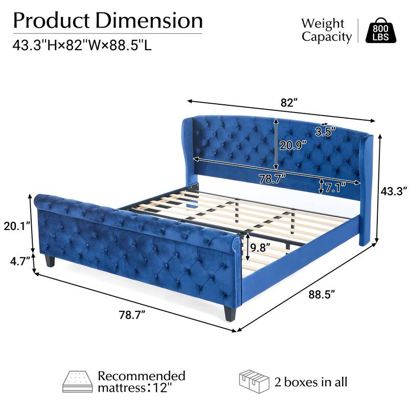 Christopher Knight Home - Amara Traditional Velvet Upholstered Sleigh Bed with Wingback Headboard & Scroll Footboard, King Size