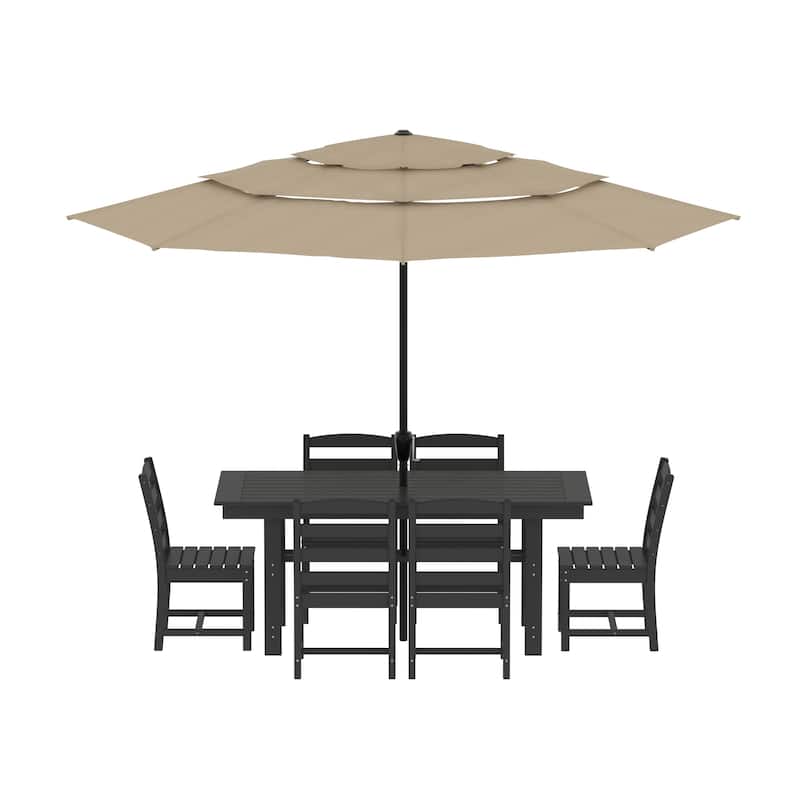 Outdoor Dining Table and Chair Set: HDPE Material, Wood - Grain Design