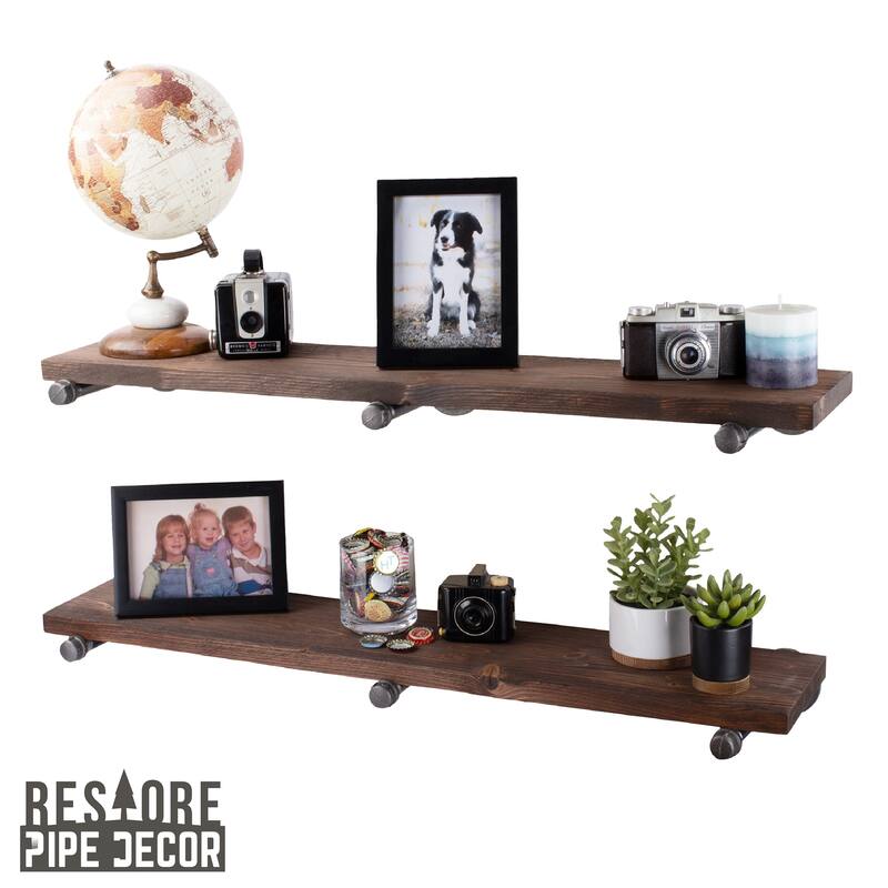 Restore Wood 36 in. Wall Shelf Straight Steel Pipe Brackets, Set of 2 - Trail Brown