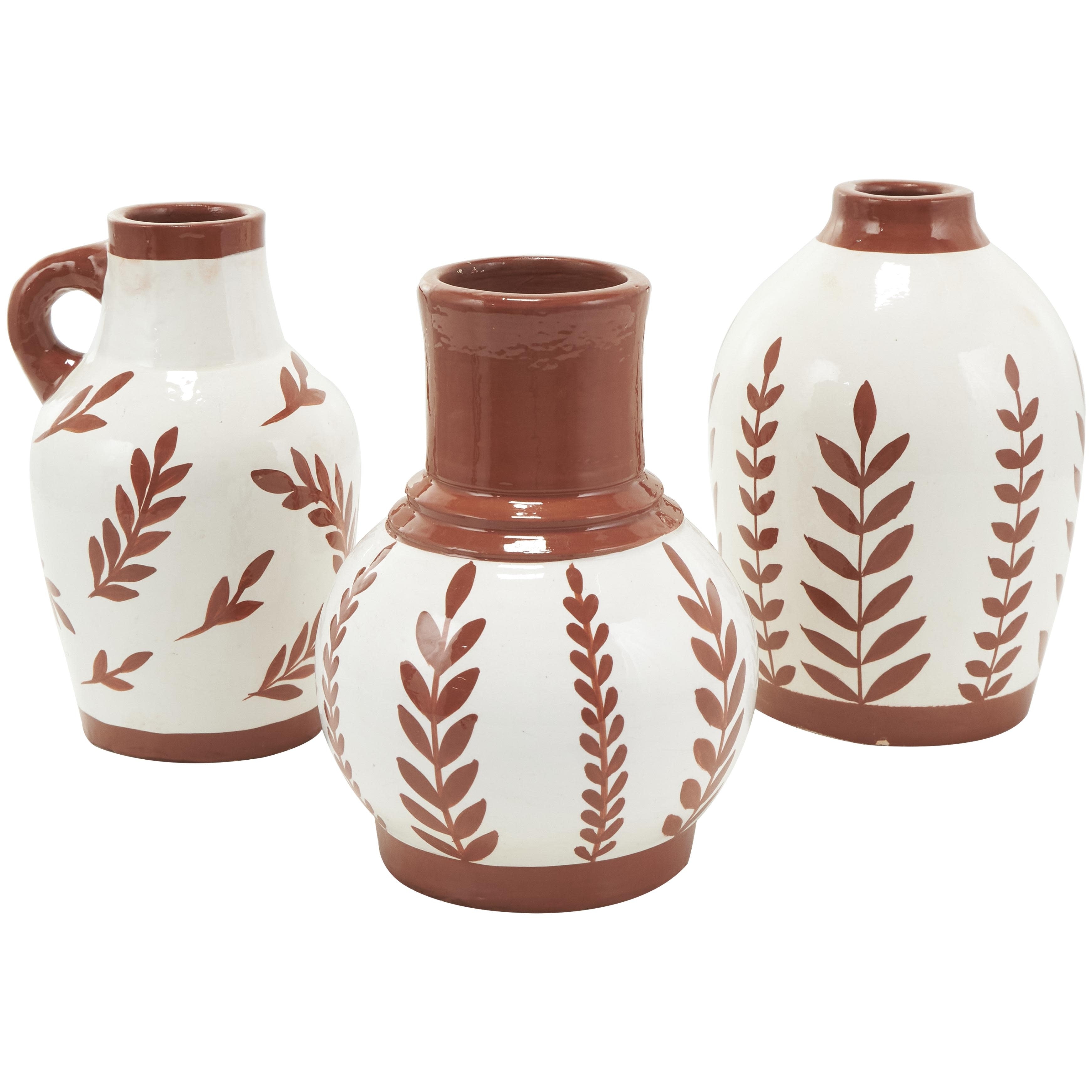 Ceramic Floral Decorative Vase with Terracotta Colored or White Detailing - Set of 3 White or Blue - Roche River Decor
