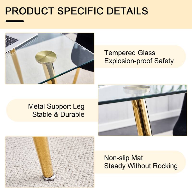Modern Minimalist Rectangular Glass Dining Table Tempered Glass Tabletop and Golden plating Metal Legs,Writing Table Desk
