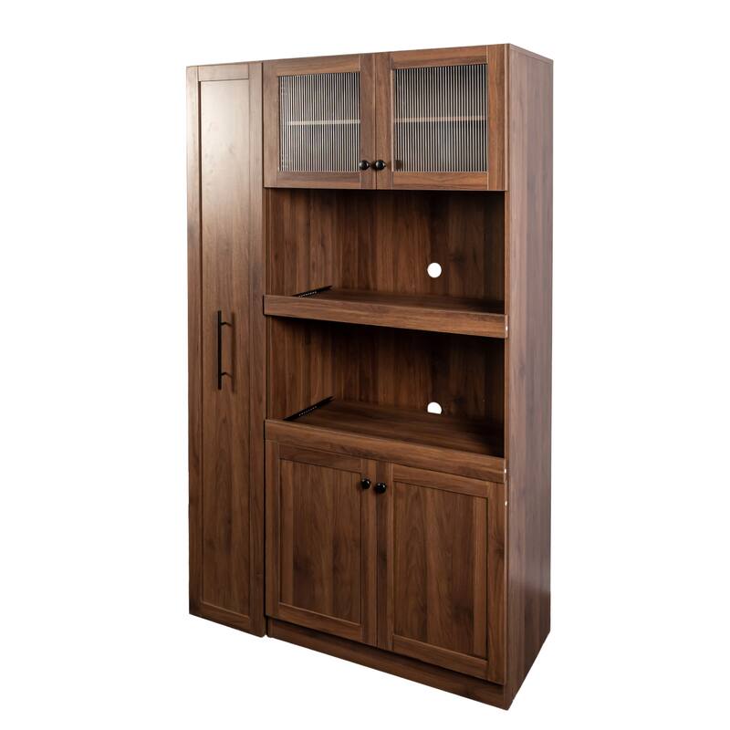 Roomfitters Kitchen Pantry Cabinet with Multi-Tier Pull-Out Shelves, Farmhouse Storage Cupboard with 4 Doors, Walnut
