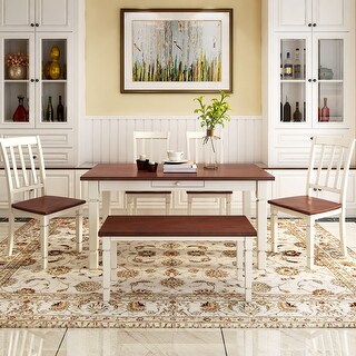 6-Piece Rustic Wood Kitchen Dining Table Set with 4 Slats Back Chairs&1 ...