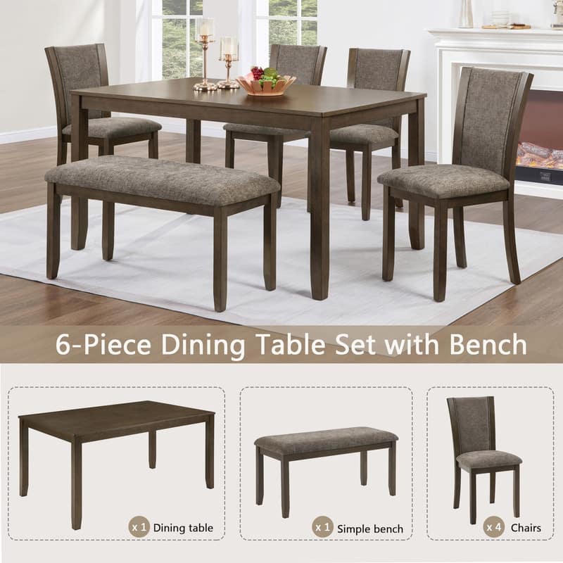 Farmhouse 6-Piece Wooden Dining Table Set with Comfortable Upholstered Chairs and Bench for Family Meals