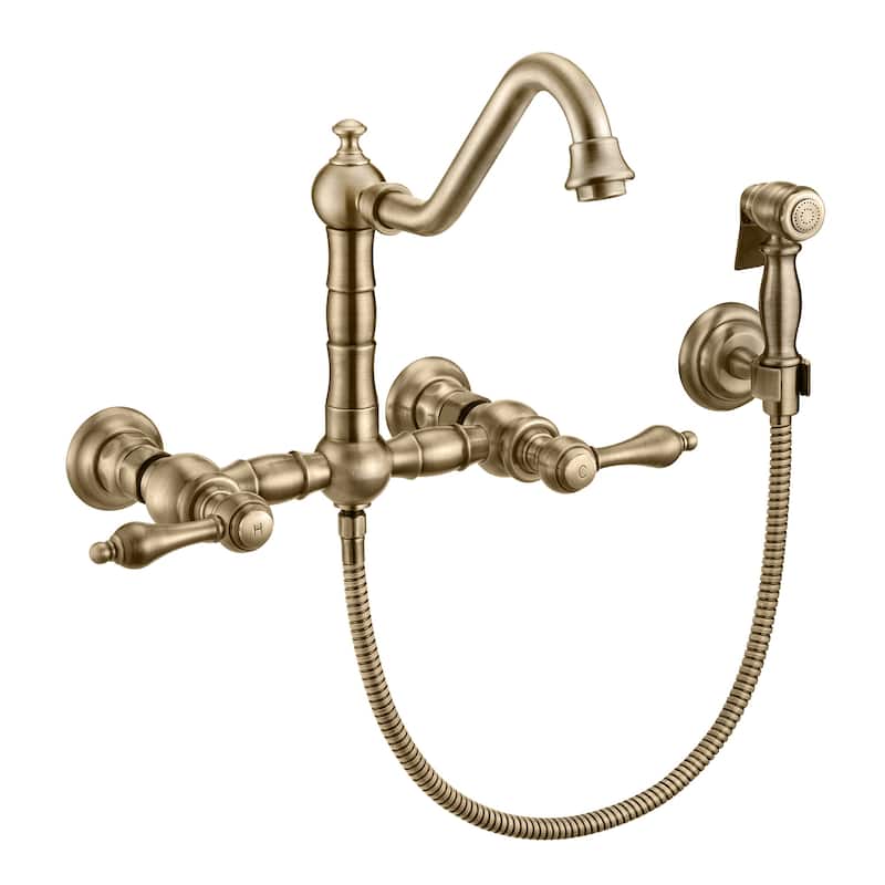 Vintage III Plus Wall Mount Faucet with a Long Traditional Swivel Spout, Lever Handles and Solid Side Spray - Antique Brass