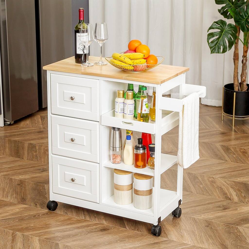 White Lockable Utility Kitchen Carts On Wheels with Countertop & Drawer & Open Shelves And Spice Rack