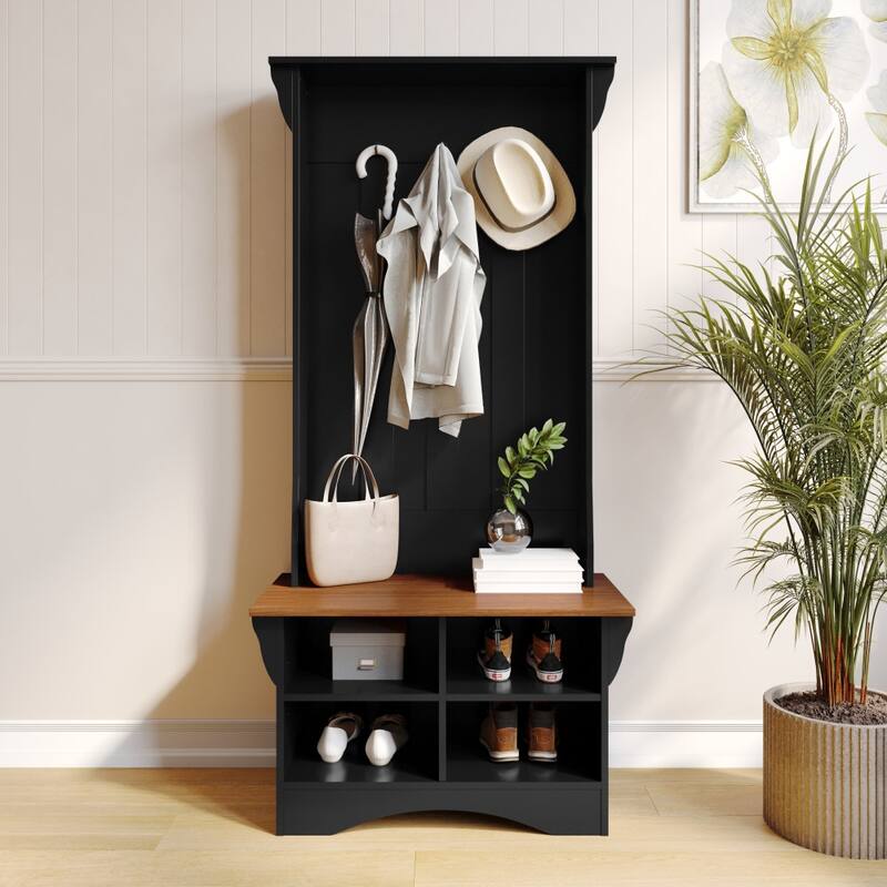 3 Hook Hallway Tree with Divided Under Bench Storage - Walnut Seat/Black Frame