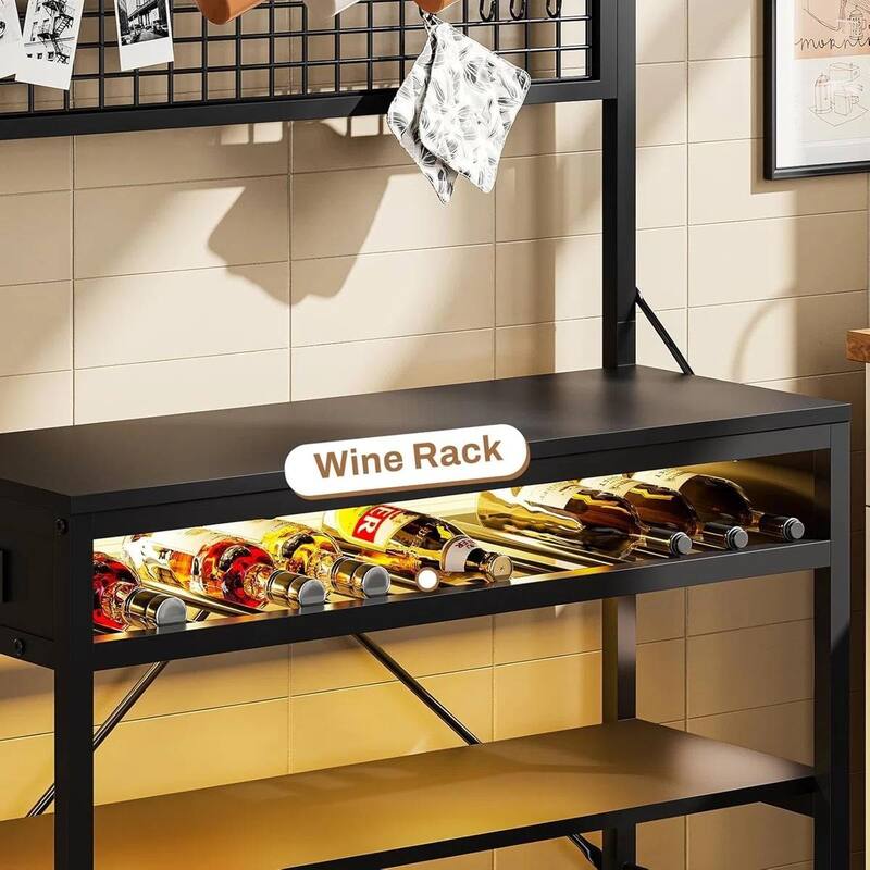 6-Tier LED Lighted Bakers Rack with Power Outlet USB Ports and Microwave Shelf Wine Storage - 65.2'' H x 35.4'' W x 15.7'' D