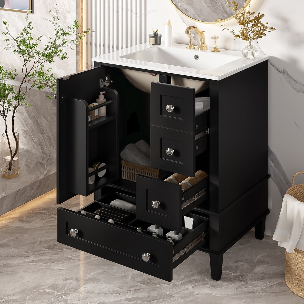 24-Inch Bathroom Vanity With An Integrated Ceramic Basin, Featuring A Door-Mounted Double-Layer Shelf, Soft-Close Drawers