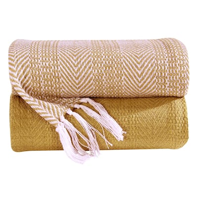 100% Cotton All Season Throw Blankets Herringbone 50''x 60'' Set of 2