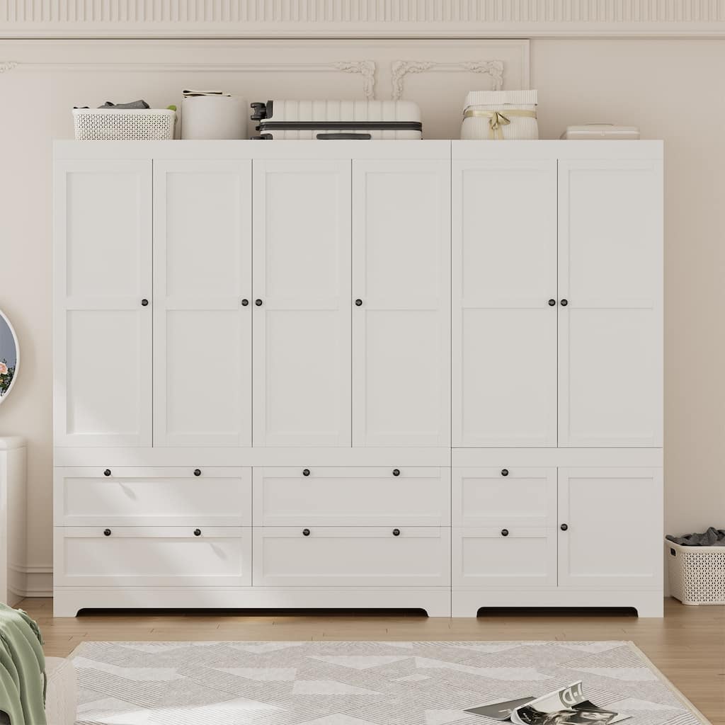 Gyomojoy Large White Wardrobe Closet with Drawers & Doors, Modular Armoire with Hanging Rods, Apartment & Dorm Storage