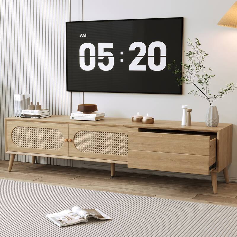 Boho Farmhouse Wicker TV Stand Media Console, for TVs up to 80" with 1 Drawer and 2 Spacious Cabinets, for Living Room