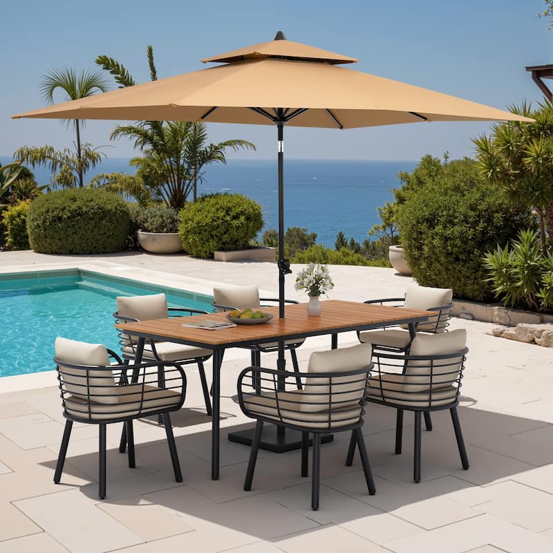 9PC Outdoor Patio Dining Set Aluminum Table with Sunbrella Cushion Chairs w/ Market Umbrella Sets - BrownTable&CabChairs&TanUmbrella
