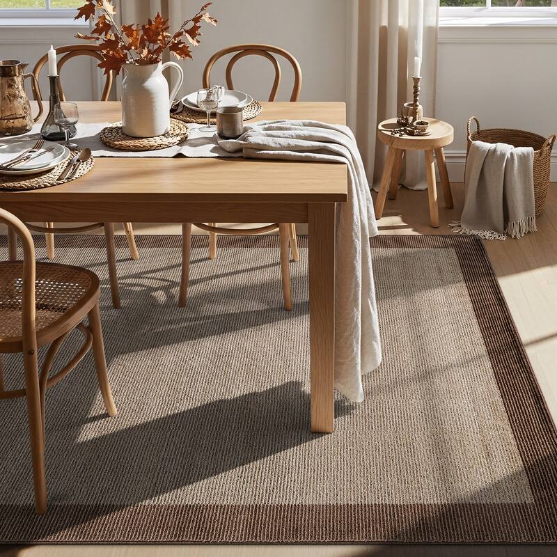 Modern Geometric Stripe Bordered Area Rug for Living Room, Bedroom, or Entryway - Low Pile Indoor Rug