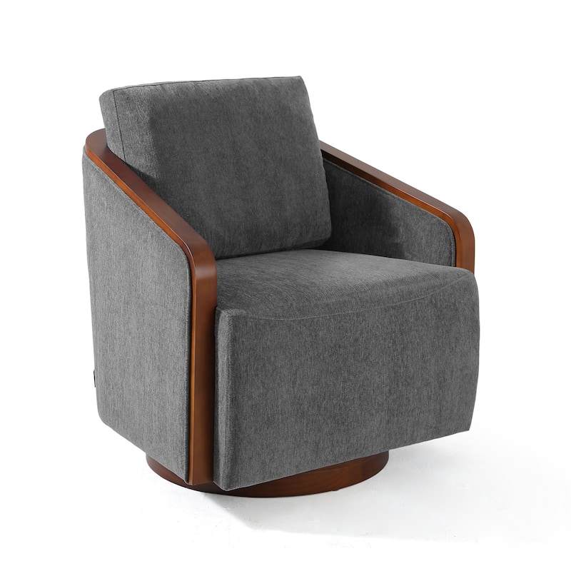Upholstered Swivel Barrel Chair with Curved Wood Arms