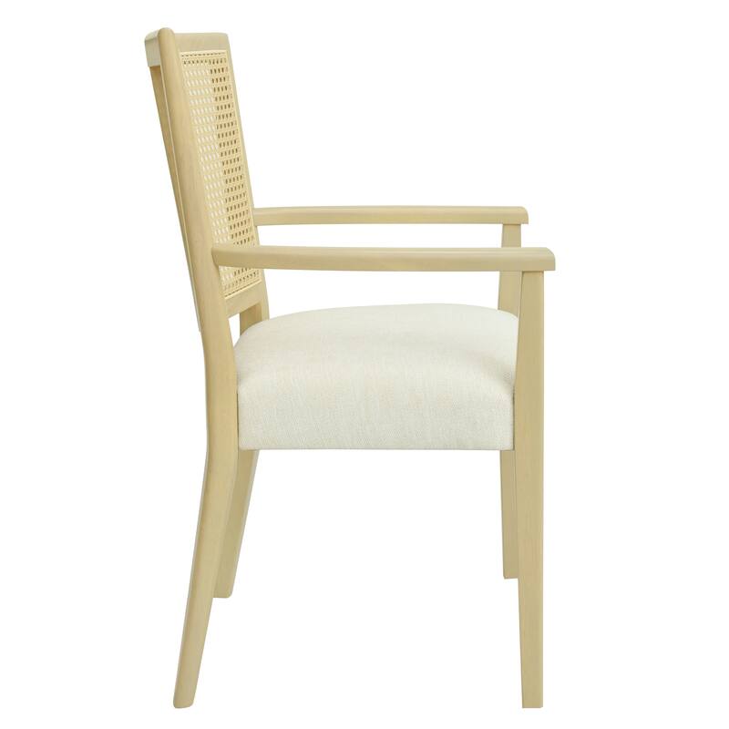 Set of 2 Modern Wooden Arm Dining Chairs with Rattan Backrest, Upholstered Fabric Seat, Rubberwood Frame