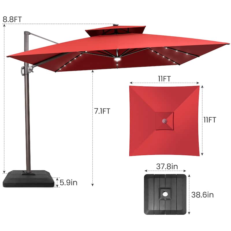 11FT Patio Cantilever Umbrella LED Lights Double Top Umbrella with 4-Piece Fillable Weighted Base