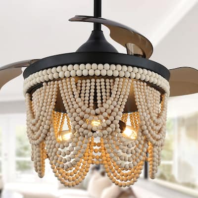 Cusp Barn 42" Retractable Ceiling Fan with Light,Farmhouse Bohemian Chic Fan Light,Wooden Bead Chandelier,Quiet DC Motor,6 Speed