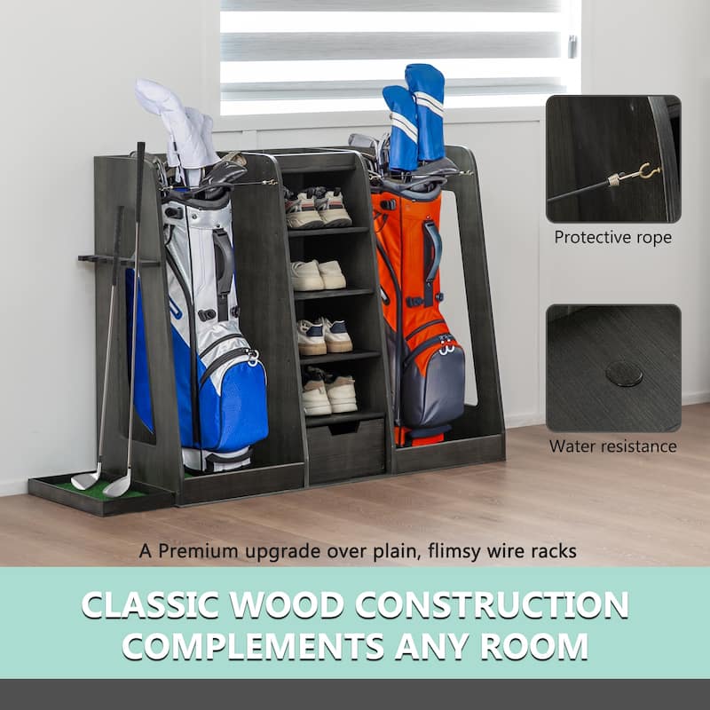 55.5"x16"x37" Wooden Golf Bag Storage Rack with Drawers - 2-Bag Organizer with Side Club Holders - 55.5" L x 16" W x 37" H