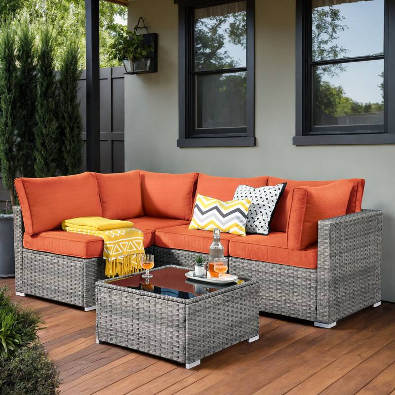 OVIOS 5-Piece Low-profile Deep Seat Wicker Outdoor Patio Furniture Set - Red/Orange