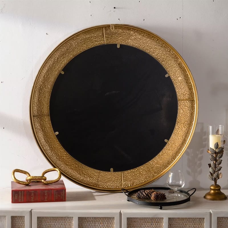 31.3" Hammered Gold Round Wall Mirror Iron Frame & MDF Back Decorative Mirror