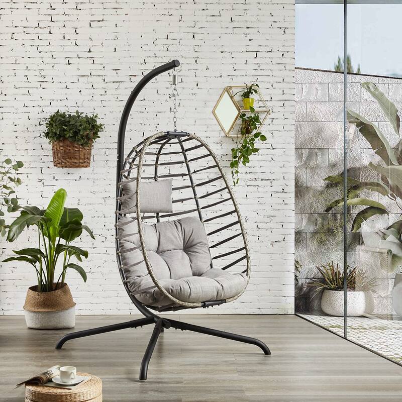Foldable Wicker Hanging Egg Chair with Stand
