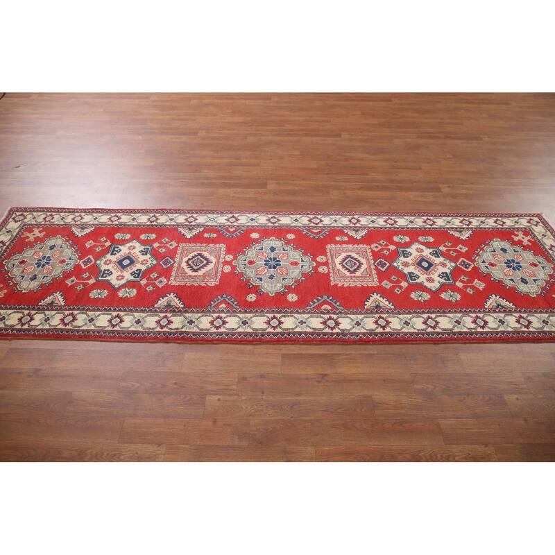 Hand Knotted Oriental 100% Wool Carpet Traditional Geometric Red Kazak Runner Rug - 9' 3'' X 2' 9''
