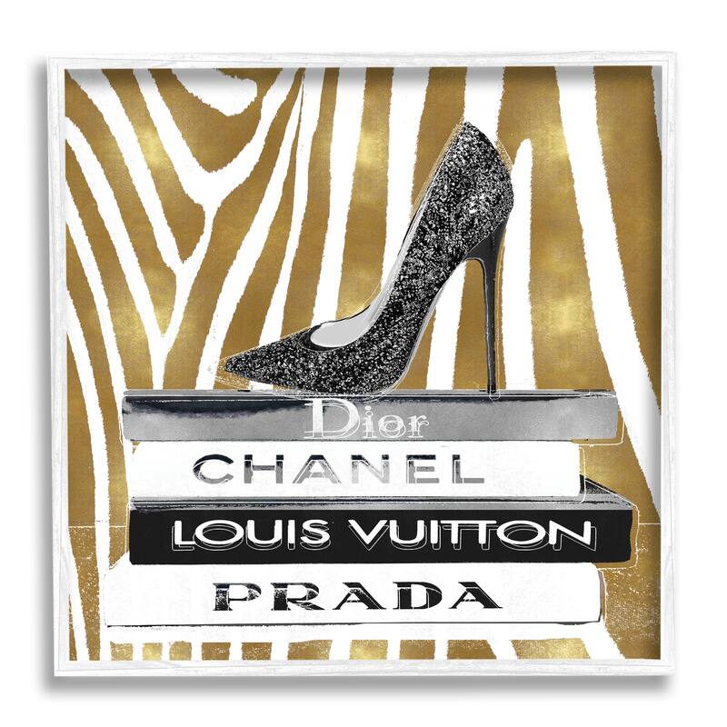 Stupell Fashion High Heel Bookstack Glam Gold Zebra Print Framed Wall Art, 12 x 12 - Black - 17 x 17 - Wood - White
